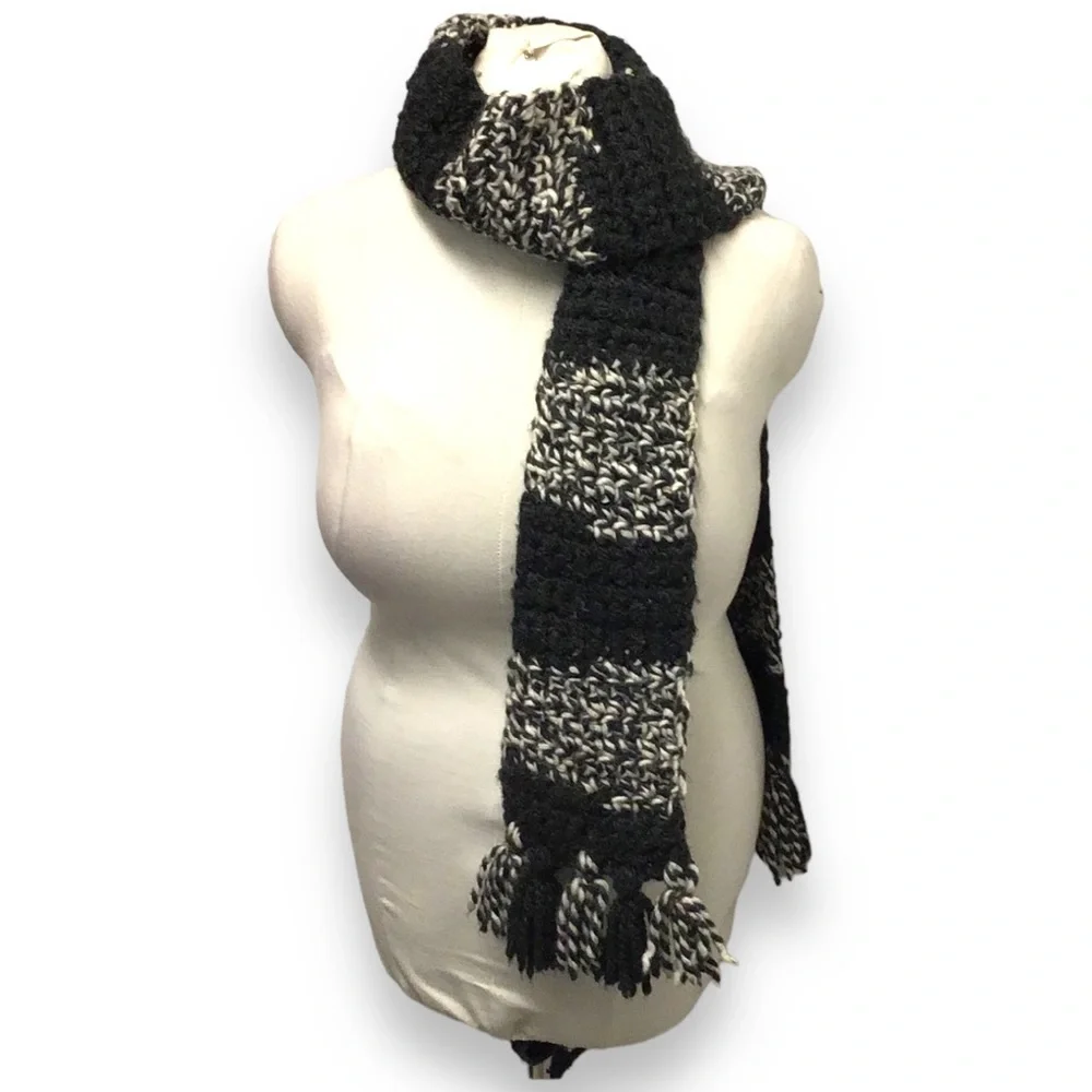 Handmade Unisex Crochet Long Scarf with Tassel Fringe, Charcoal & Ivory, OSFA